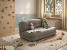 Beliani Sofa Bed 2 Seater Esbjerg Faux Linen Dark Grey - thumbnail 2