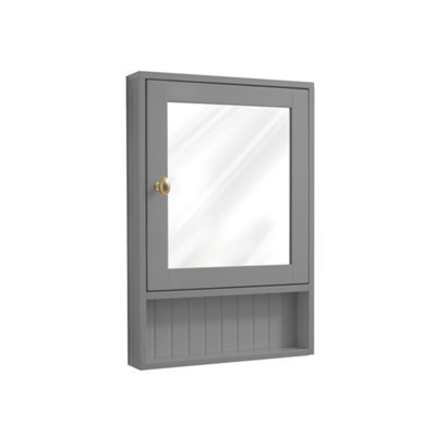 Homestylestore 450 X 650mm Light Grey Wall Mounted Corner Mirrored Door Bathroom Cabinet And Brushed Brass Round Handle - image 1
