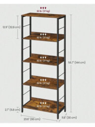 LEDREM 5-Tier Bookcase, Shelving Unit With Back Panels, Industrial, For Living Room, Study, Home Office, Rustic Brown And Black - thumbnail 7