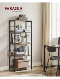 LEDREM 5-Tier Bookcase, Shelving Unit With Back Panels, Industrial, For Living Room, Study, Home Office, Rustic Brown And Black - thumbnail 1