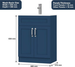 Belofay 600mm Bathroom Vanity Units With Basin With White Ceramic Bathroom Sink Soft Close Hinges & 1 Tap Hole (Crawley Blue) - thumbnail 3