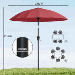 Outsunny 2M Shanghai Garden Parasol Umbrella, Outdoor Sun Shade, Wine Red - thumbnail 3