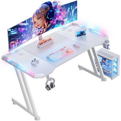 Precision Synergie White Gaming Desk With Rgb Lights, 120X60Cm Gaming Table With Headphone Hook And Cup Holder For Home Office - image 1