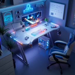 Precision Synergie White Gaming Desk With Rgb Lights, 120X60Cm Gaming Table With Headphone Hook And Cup Holder For Home Office - thumbnail 6