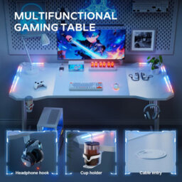 Precision Synergie White Gaming Desk With Rgb Lights, 120X60Cm Gaming Table With Headphone Hook And Cup Holder For Home Office - thumbnail 5