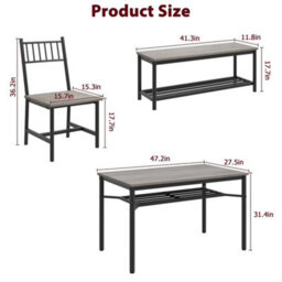 Grey 4 Pcs Dining Table Set 2 Chairs + 1 Bench Kitchen Breakfast - thumbnail 2