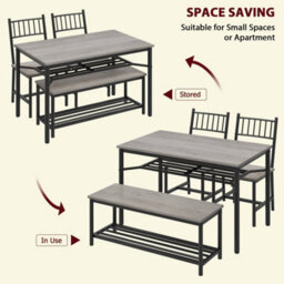 Grey 4 Pcs Dining Table Set 2 Chairs + 1 Bench Kitchen Breakfast - thumbnail 3