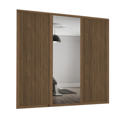 Spacepro Shaker 1 Panel Mirrored Carini Walnut Effect Framed Sliding Wardrobe Door Set Of 3 (H)2220mm (W)2592mm - image 1