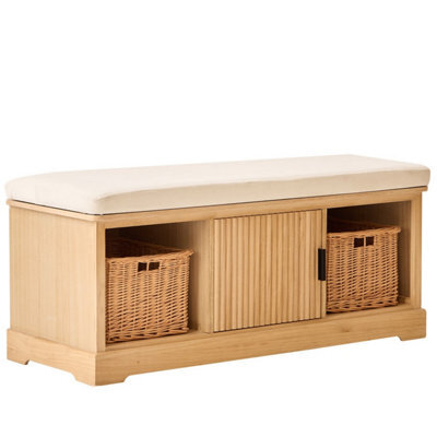 Nordlys Wooden Entry Bench 1 Door 2 Storage With Beige Velvet And Baskets Exotic Boho Entryway - image 1