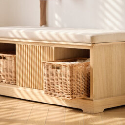 Nordlys Wooden Entry Bench 1 Door 2 Storage With Beige Velvet And Baskets Exotic Boho Entryway - thumbnail 4
