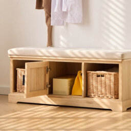 Nordlys Wooden Entry Bench 1 Door 2 Storage With Beige Velvet And Baskets Exotic Boho Entryway - thumbnail 5