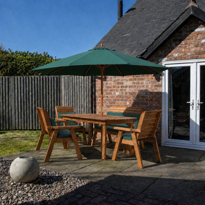 Samuel Alexander Handmade 6 Seater Chunky Rustic Wooden Garden Furniture Set With Table, Benches, Chairs, Green Cushions & 2.7M Parasol - image 1