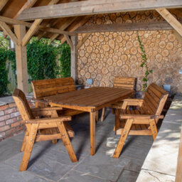 Samuel Alexander Handmade 6 Seater Chunky Rustic Wooden Garden Furniture Set With Table, Benches, Chairs, Green Cushions & 2.7M Parasol - thumbnail 2