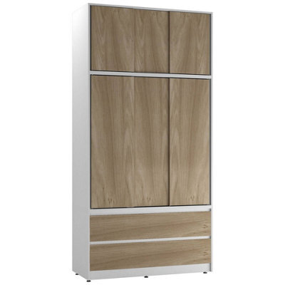 Urbn-Living Urbnliving 240Cm Height White Carcass 6 Sliding Oak Door 4 Drawer Freestanding Wardrobe Clothes Storage Hanging Rail Bedroom - image 1