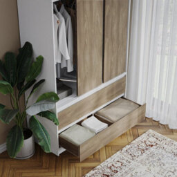 Urbn-Living Urbnliving 240Cm Height White Carcass 6 Sliding Oak Door 4 Drawer Freestanding Wardrobe Clothes Storage Hanging Rail Bedroom - thumbnail 8