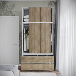 Urbn-Living Urbnliving 240Cm Height White Carcass 6 Sliding Oak Door 4 Drawer Freestanding Wardrobe Clothes Storage Hanging Rail Bedroom - thumbnail 7