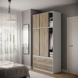 Urbn-Living Urbnliving 240Cm Height White Carcass 6 Sliding Oak Door 4 Drawer Freestanding Wardrobe Clothes Storage Hanging Rail Bedroom - thumbnail 3