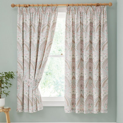 Dreams & Drapes Palais Jacobean Damask Inspired Print Green Pencil Pleat Curtains With Tie-Backs - image 1