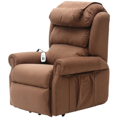 Loops Comfortable Dual Motor Rise And Recline Armchair With Waterfall Pillow In Brown Suedette Fabric - image 1