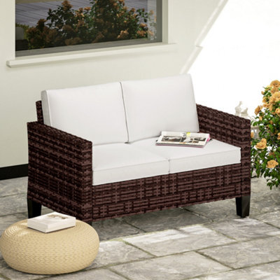 Outsunny Rattan Sofa With Cushions, 2 Seater Garden Furniture, Brown - image 1