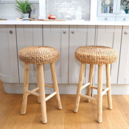 Rustic Round Wicker Bar Stool - Kitchen Stool Wooden - thumbnail 1