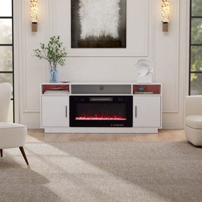 Living And Home Modern Wooden Mdf Tv Cabinet Fireplace Set, 30 Inch Built-In Fireplace,white,12 Flame Colors - image 1