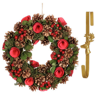 Dibor 35Cm Red Berries And Roses Front Door Christmas Wreath With Deer Wreath Hanger - image 1