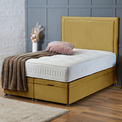 Bsspoke Solid Base Ottoman Divan Bed In Mustard Plush With 10Inch Orthopaedic Mattress 54Inch Headboard Available In All Sizes - image 1