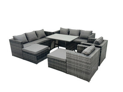 Fimous Rattan Dining Table Sofa Set With Armchair 2 Big Footstools Outdoor 10 Seat Garden Furniture Set Dark Grey Mixed - image 1