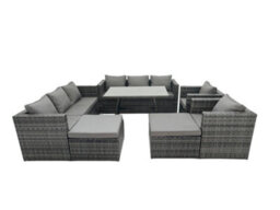 Fimous Rattan Dining Table Sofa Set With Armchair 2 Big Footstools Outdoor 10 Seat Garden Furniture Set Dark Grey Mixed - thumbnail 2