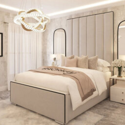 "Bed Choices Herringbone Ottoman Bed With 80"" Black Contrast Piping And Panelled Headboard (Mattress Is Not Included) - Super King (Cream)"