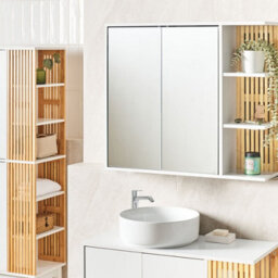 Wyld And Coco Novacasa Wall-Mounted Mirrored Cabinet White With Light Wood Accents 80Cm - thumbnail 2
