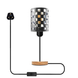 Modern Wooden Stand Bedside Table Lamp With Metal Cage , On Off Switch Brushed Silver Lamp