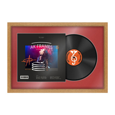 "AK Frames 25X17"" Oak Modern Vinyl Record Frame With Crimson Mount For 12 Inch Lp Cover & Disc - Overlapped Design" - image 1