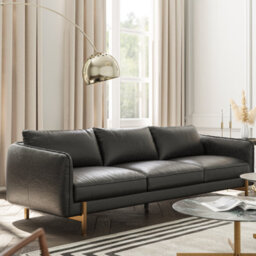 Valencia Gabriele Leather Three Seats Sofa Black Color Full Semi-Aniline Leather High Density Foamcbrass Finish Leg - thumbnail 2