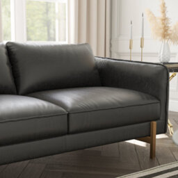 Valencia Gabriele Leather Three Seats Sofa Black Color Full Semi-Aniline Leather High Density Foamcbrass Finish Leg - thumbnail 7
