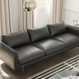 Valencia Gabriele Leather Three Seats Sofa Black Color Full Semi-Aniline Leather High Density Foamcbrass Finish Leg - thumbnail 5