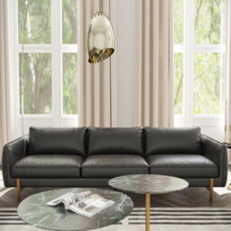Valencia Gabriele Leather Three Seats Sofa Black Color Full Semi-Aniline Leather High Density Foamcbrass Finish Leg - thumbnail 4