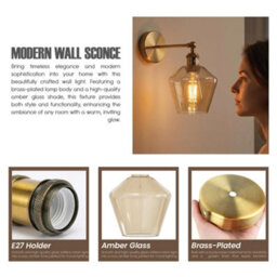 Vintage Brass Wall Sconce Amber Glass Shade 180 Adjustable Swing Arm E27 Industrial Loft Wall Lamp Fixture - thumbnail 6