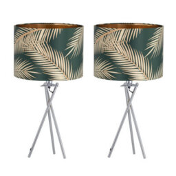 First Choice Lighting Set Of 2 Tropica - Chrome Tripod Lamps With Dark Green And Gold Shades