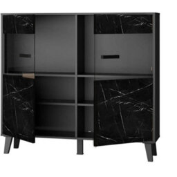 Arte Fina Display Cabinet In Black - Bright And Open Storage Unit With Black Marble Finish And Glass Doors W1260mm X H1180mm X D400mm - thumbnail 2