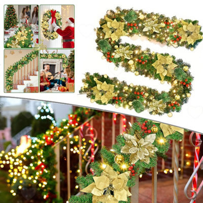 Amorly 9Ft Battery Operated Illuminate Christmas Garland, Green Rattan With Gold Flower Accents, Pre Lit Led Xmas Decoration For Stairs - image 1