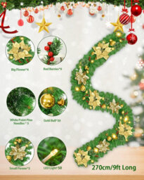 Amorly 9Ft Battery Operated Illuminate Christmas Garland, Green Rattan With Gold Flower Accents, Pre Lit Led Xmas Decoration For Stairs - thumbnail 4