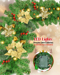 Amorly 9Ft Battery Operated Illuminate Christmas Garland, Green Rattan With Gold Flower Accents, Pre Lit Led Xmas Decoration For Stairs - thumbnail 2