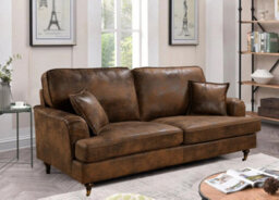3 Seater Sofa In Faux Leather Suede Brown With Plain Cushions