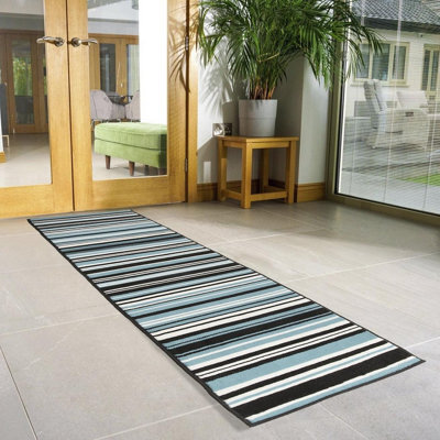 Bravich Hard Wearing Hessian Backed Stair Runner Kitchen Mat - Texas Teal Lines - 60X180Cm (2'x6')