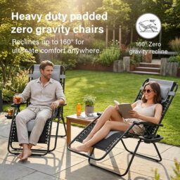 Vivo 2Pcs Extra Wide Zero Gravity Chairs Luxury Xxl Heavy Duty Padded Sun Lounger - Light Grey - thumbnail 3