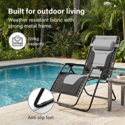 Vivo 2Pcs Extra Wide Zero Gravity Chairs Luxury Xxl Heavy Duty Padded Sun Lounger - Light Grey - thumbnail 8
