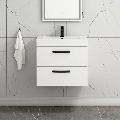 Royal Bathrooms Turin Gloss White 600mm Wall Hung Vanity Unit 2 Drawer With Minimalist Basin Sink & Matt Black Handles - image 1