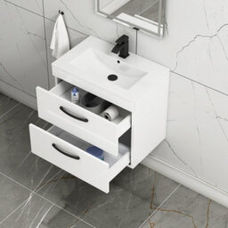 Royal Bathrooms Turin Gloss White 600mm Wall Hung Vanity Unit 2 Drawer With Minimalist Basin Sink & Matt Black Handles - thumbnail 3